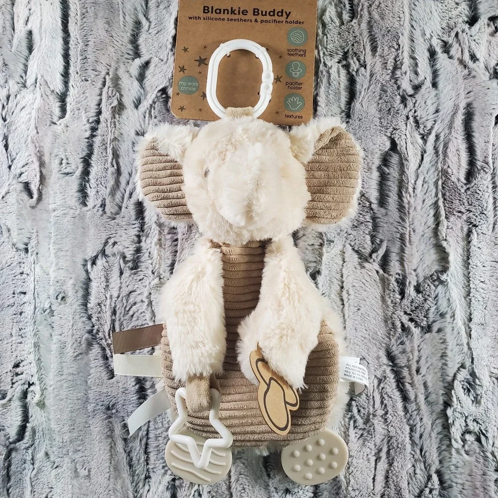 Blankie Buddie Beige Lovey Soother LUXE SOFT Pacifier Holder Elephant Sensory‎